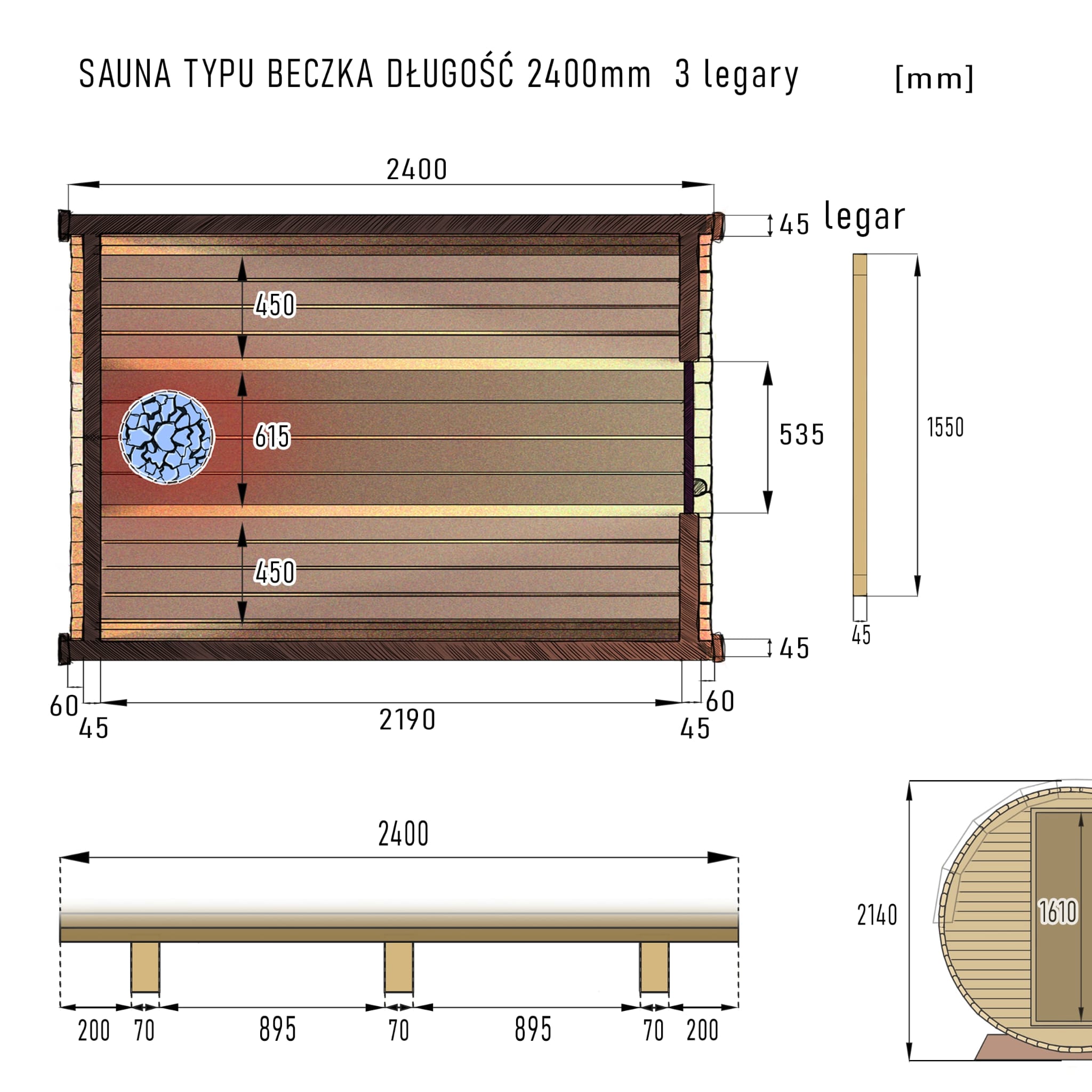 wymiary sauny beczki 240